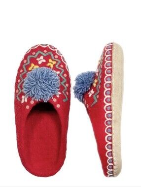 Brand New French Knot Lena Handcrafted Red Wool Pom-Pom Slippers